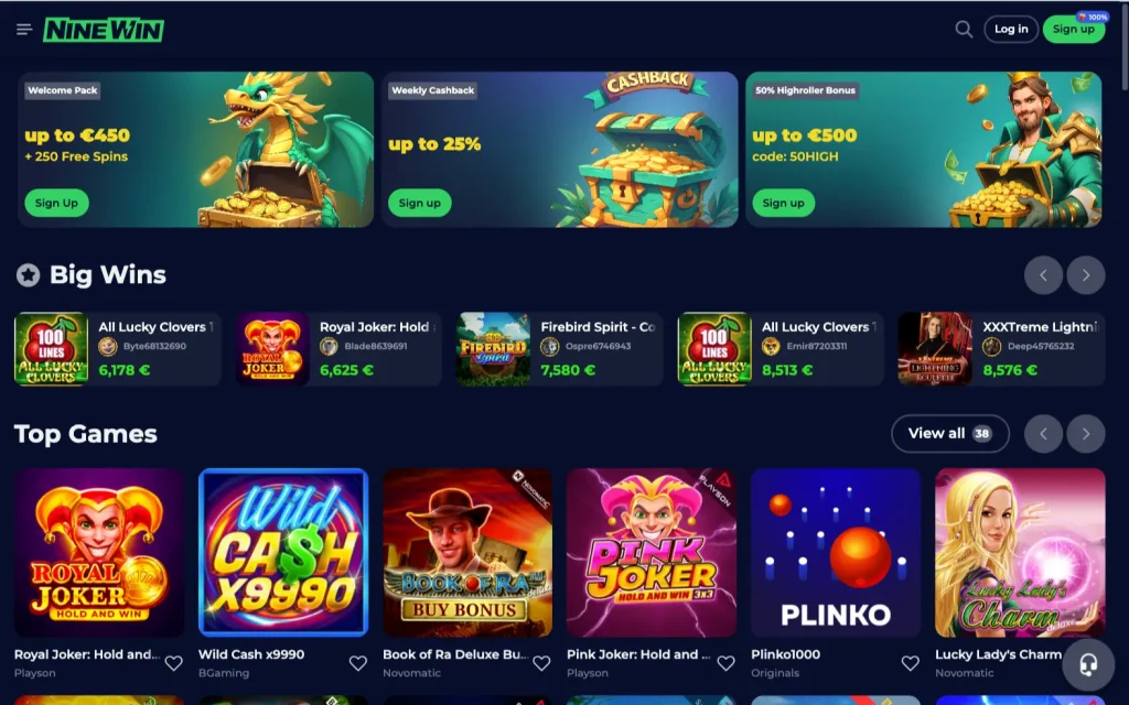 NineWin Casino Main Page Interface