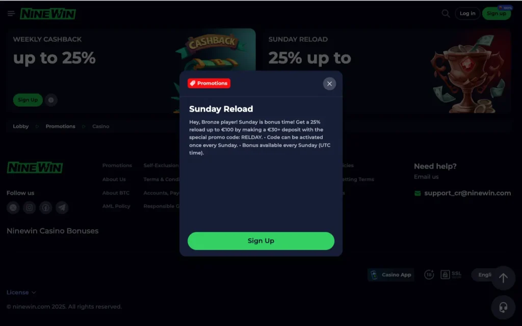 NineWin Casino NineWin Reload Bonus